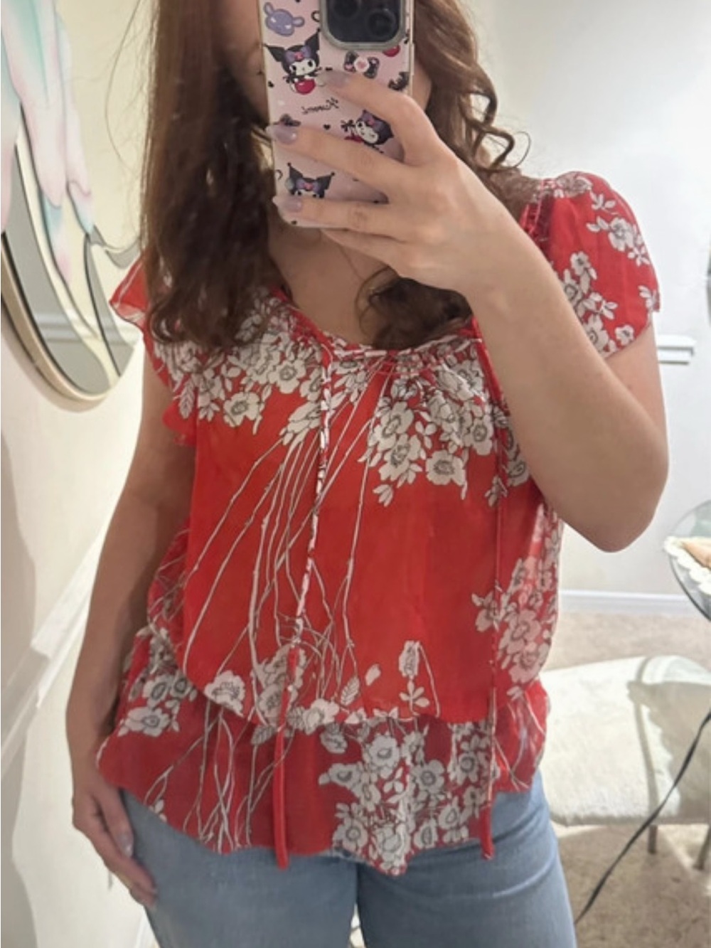Max Studio Red Floral Tie-Front Short Sleeve Blouse